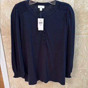 J. Jill Blue Puff Sleeve Smocked Blouse